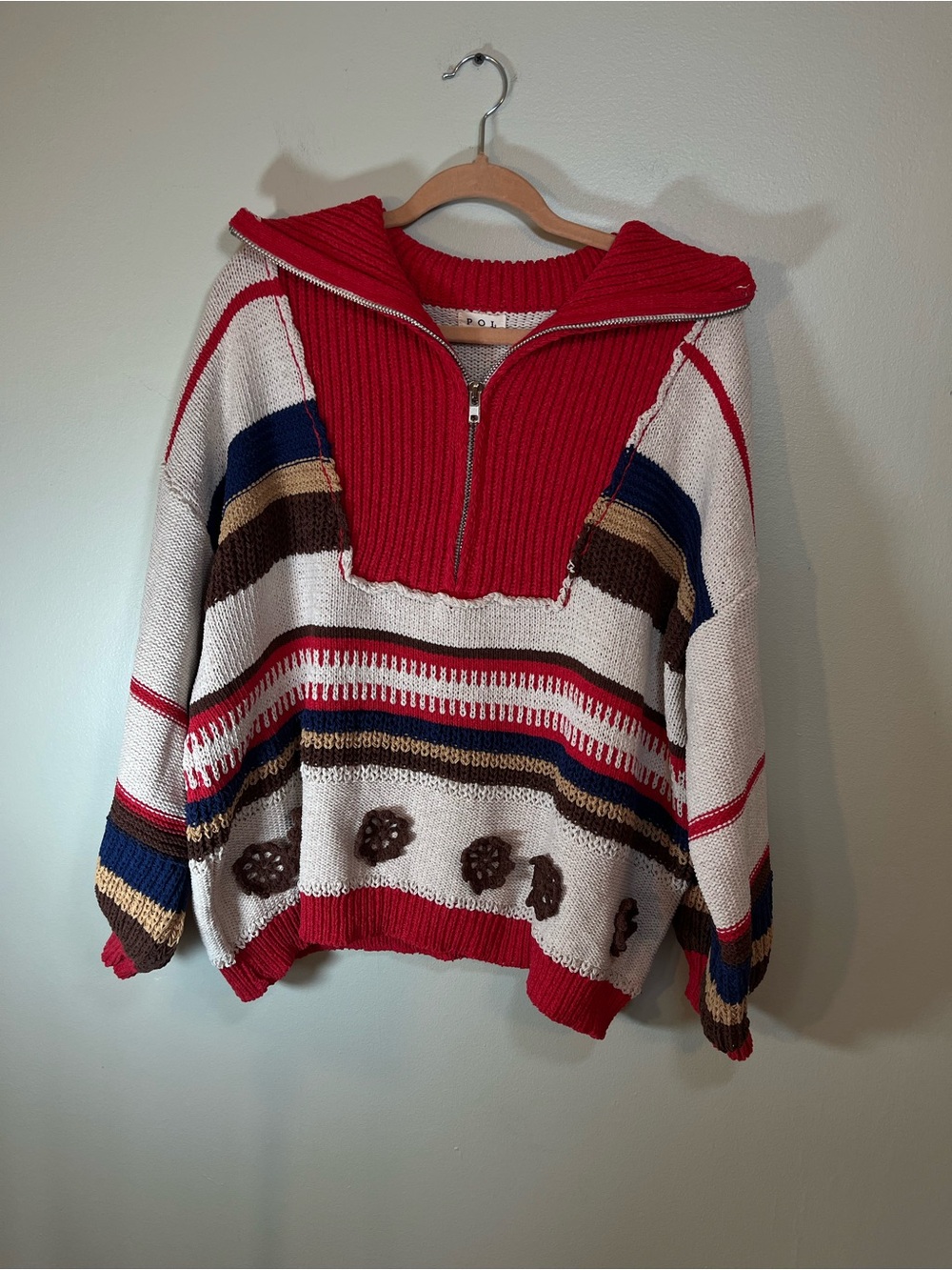 POL Red & Cream Striped Half-Zip Cowl Sweater with Multicolor Accents